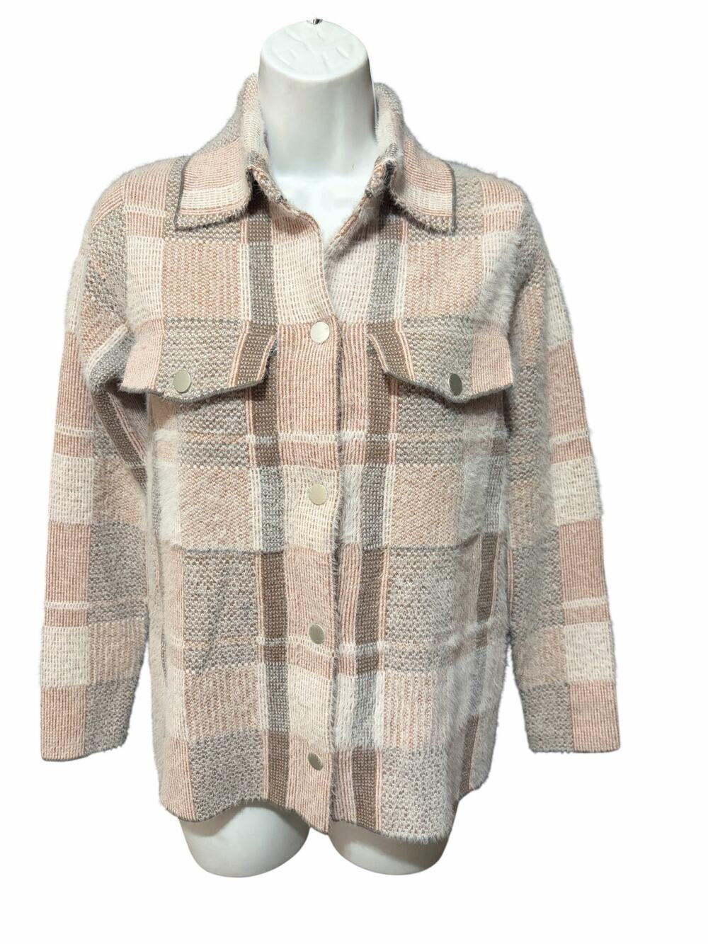 Rachel Zoe Plaid Knit Shacket XS Pink Beige Fuzzy Snap Front Shirt Jacket